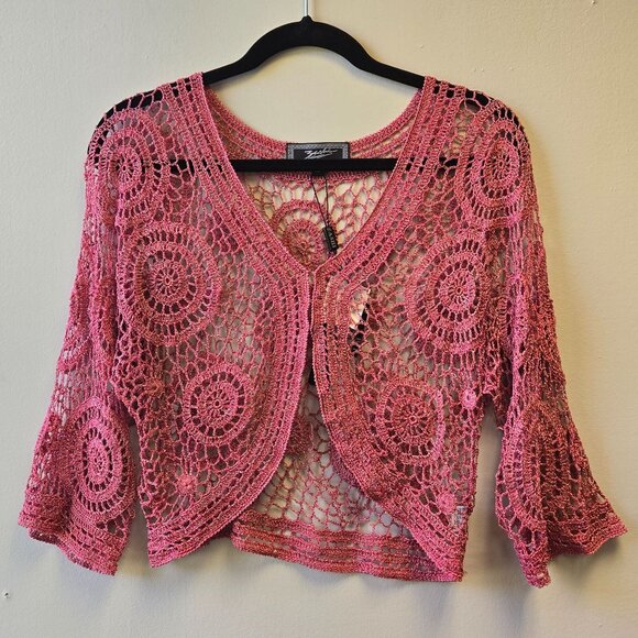 NWT Vintage Zashi Sea Coral Metallic Crochet Cardigan Y2K Cottage Fairy Gypsy Sw - Picture 1 of 10